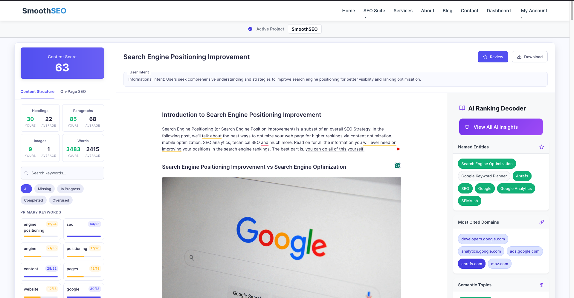 RankReady - SEO Content Editor that breaks down your keyword and tells you the Semantic Keywords, Entities and Topics that you should include to create the perfect SEO content.